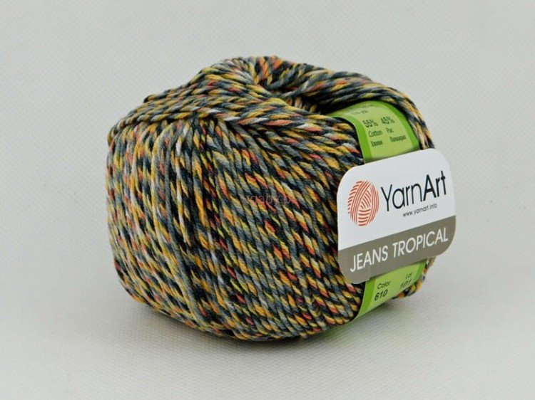 Włóczka YarnArt Jeans Tropical kolor 610 – wielokolorowa przędza bawełniano-akrylowa w odcieniach szarości, żółci i pomarańczu.