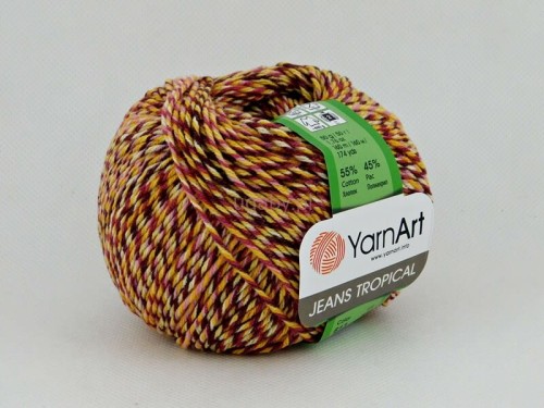 Włóczka YarnArt Jeans Tropical kolor 613 – wielobarwna mieszanka bawełny i akrylu w odcieniach fioletu, żółci i różu.