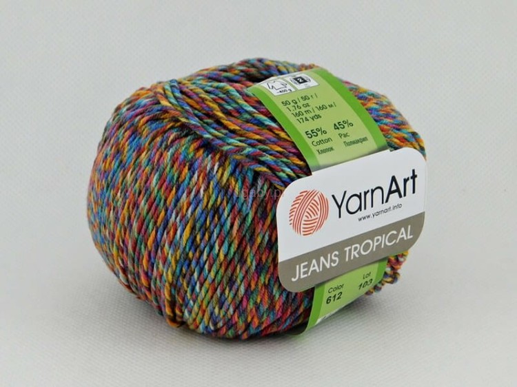 Wielokolorowa włóczka YarnArt Jeans Tropical kolor 612 – intensywny melanż z przewagą niebieskiego, zielonego, żółtego i bordowego.