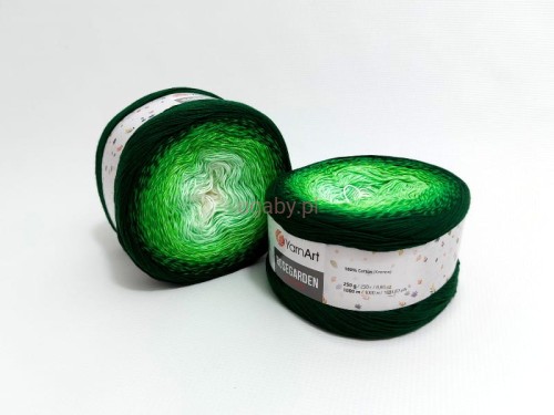 Bawełniana włóczka Rosegarden ombre numer 319 w odcieniach ciemnej zieleni, soczystej zieleni i kremu – motek typu cake.