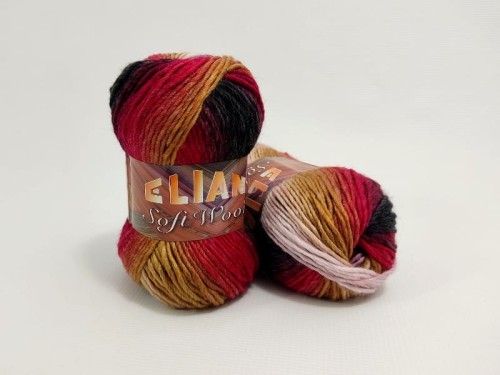 Wielokolorowa włóczka Elian Soft Wool w odcieniach czerwieni, musztardy i grafitu, numer koloru 86040.