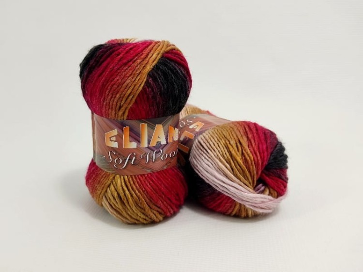 Wielokolorowa włóczka Elian Soft Wool w odcieniach czerwieni, musztardy i grafitu, numer koloru 86040.