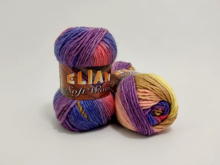 Wielokolorowa włóczka Elian Soft Wool w intensywnych odcieniach różu, fioletu i pomarańczu, numer koloru 87185.