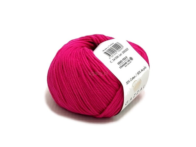 Motek włóczki Gazzal Baby Cotton XL 3415 w kolorze intensywnego malinowego różu, wyraźna tekstura nitki i logo ugaby.pl.