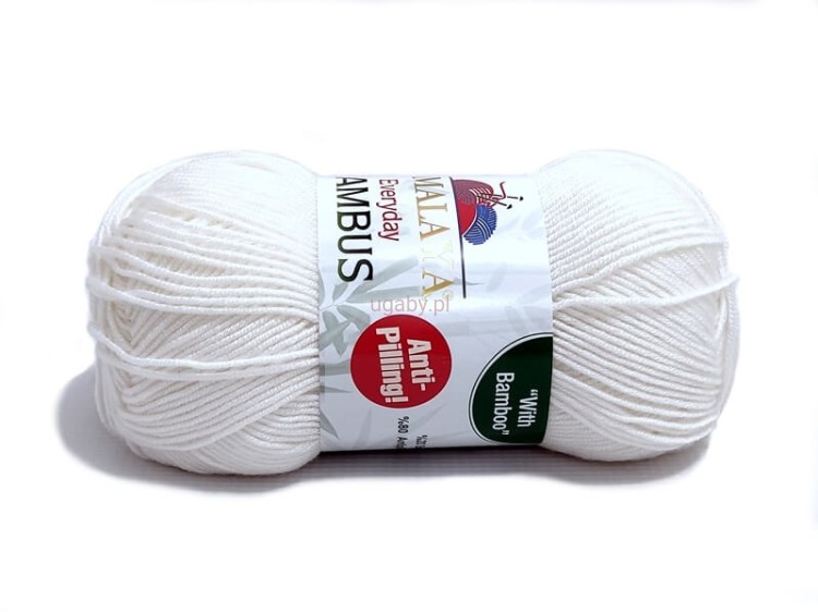 Biała włóczka Himalaya Everyday Bambus numer 236-41 na białym tle, widoczna etykieta Anti-Pilling.