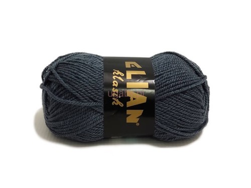 Włóczka Elian Klasik w kolorze stalowym numer 131 – motek średnioszarej przędzy akrylowej do robótek na drutach.