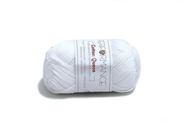 Włóczka Cotton Queen kolor biały 0101 – motek białej bawełny merceryzowanej o sznurkowym splocie.