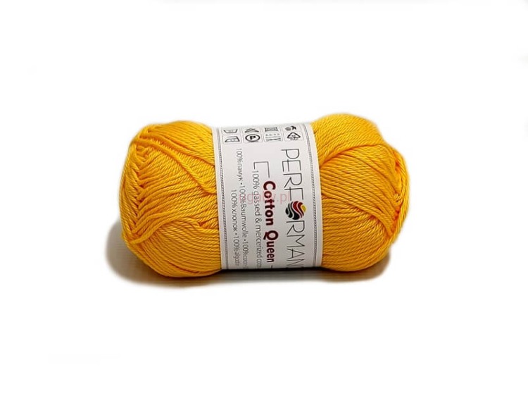 Włóczka Cotton Queen kolor żółty 0114 – motek nasyconej żółtej bawełny merceryzowanej o sznurkowym, gładkim splocie.