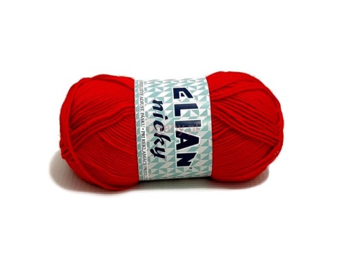 Motek włóczki Elian Nicky w kolorze czerwonym (numer 207), gładka i miękka włóczka akrylowa z połyskiem na ubrania i maskotki.