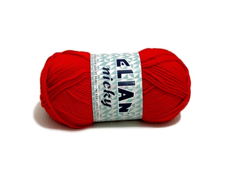 Motek włóczki Elian Nicky w kolorze czerwonym (numer 207), gładka i miękka włóczka akrylowa z połyskiem na ubrania i maskotki.