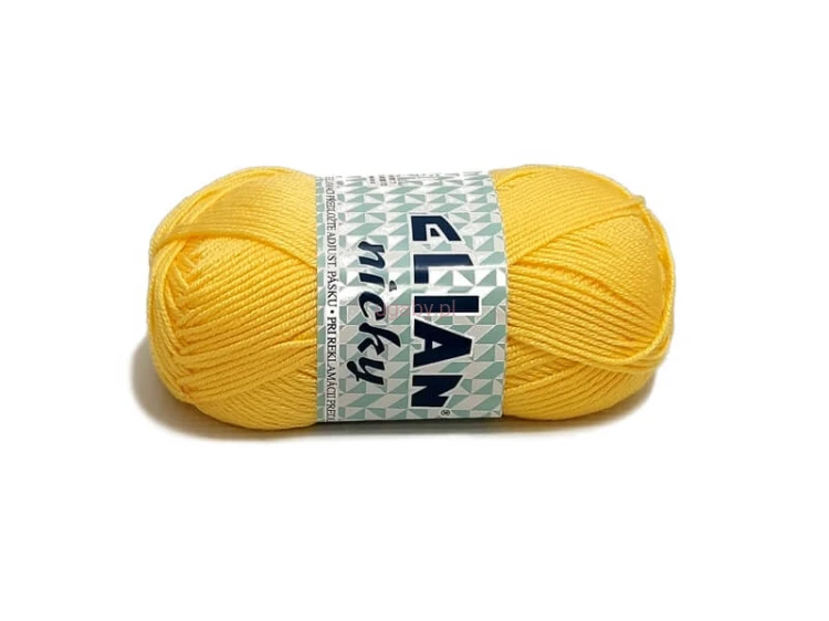 Motek włóczki Elian Nicky w kolorze żółtym (numer 364), gładka i delikatna włóczka akrylowa z lekkim połyskiem na ubranka i maskotki.