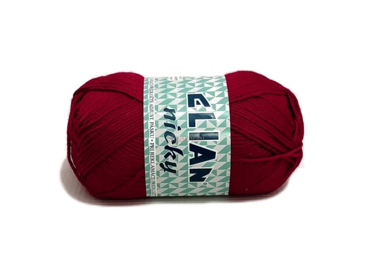 Motek włóczki Elian Nicky w kolorze bordowym (numer 174), gładka włóczka akrylowa z lekkim połyskiem na swetry i akcesoria.