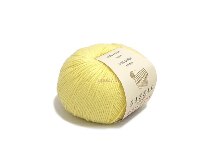 Włóczka Gazzal Baby Cotton w kolorze bananowym nr 3413, motek 50g, mieszanka bawełny i akrylu.