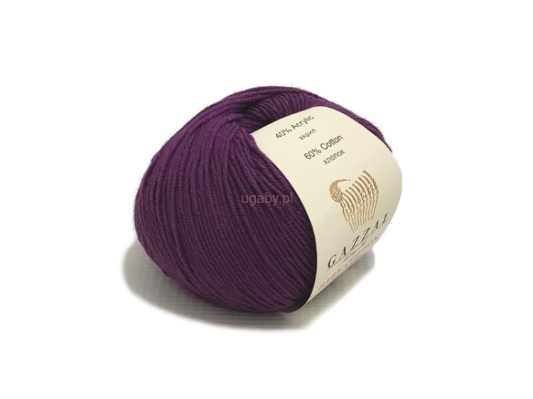 Włóczka Gazzal Baby Cotton 3441 w kolorze śliwkowym (ciemny fiolet), motek 50g, mieszanka bawełny z akrylem.