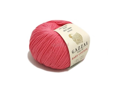 Włóczka Gazzal Baby Cotton 3435 w kolorze koralowy róż, motek 50g, mieszanka bawełny z akrylem na letnie ubrania.