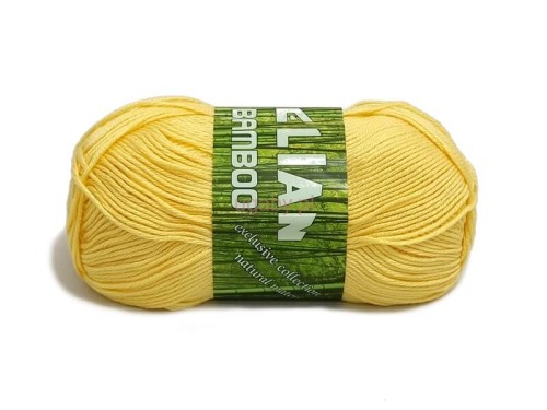 Żółty motek włóczki Elian Bamboo o numerze koloru 215 z zieloną etykietą na białym tle.