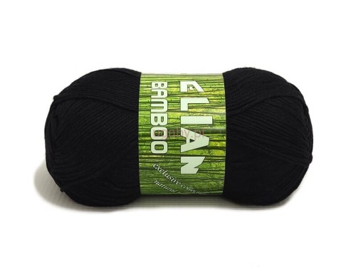 Czarny motek włóczki Elian Bamboo o numerze koloru 217 z zieloną etykietą na białym tle.