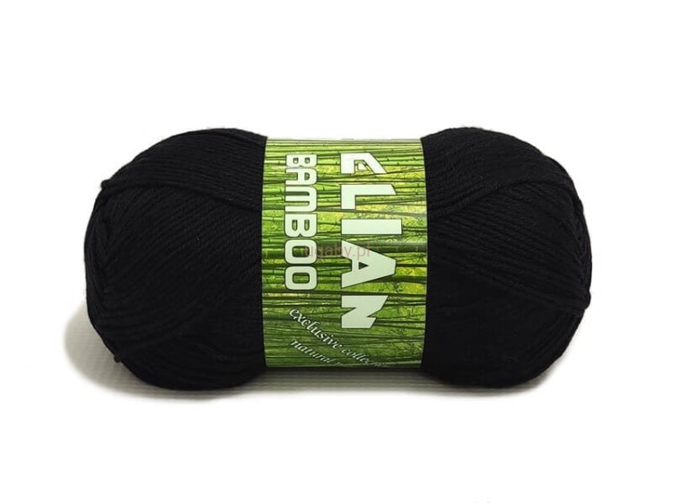 Czarny motek włóczki Elian Bamboo o numerze koloru 217 z zieloną etykietą na białym tle.