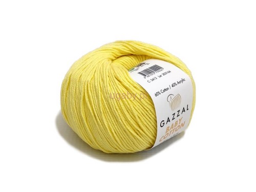 Motek włóczki Gazzal Baby Cotton w jasnym odcieniu bananowym, numer koloru 3413, bawełna z akrylem.
