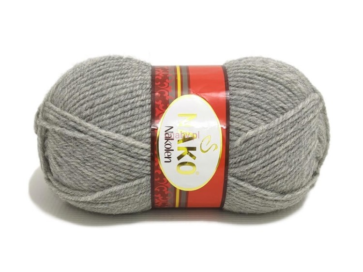 Popielata włóczka Nako Nakolen, kolor numer 195. Jasnoszara, miękka mieszanka wełny i akrylu.
