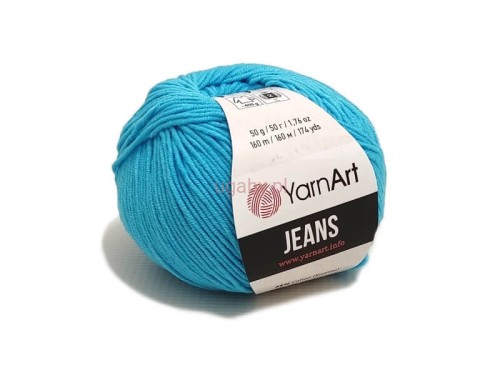 Włóczka YarnArt Jeans 33 kolor turkusowy, nasycony błękitno-zielony motek bawełniano-akrylowy do letnich ubrań i morskich zabawek.