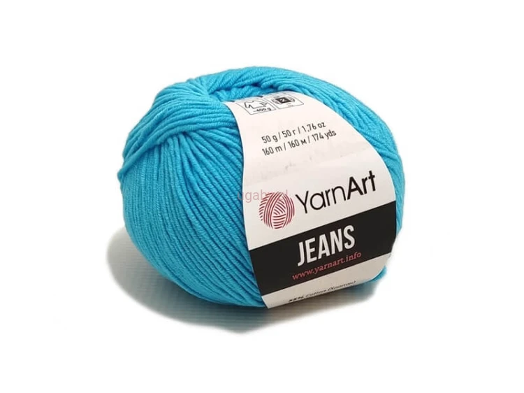Włóczka YarnArt Jeans 33 kolor turkusowy, nasycony błękitno-zielony motek bawełniano-akrylowy do letnich ubrań i morskich zabawek.