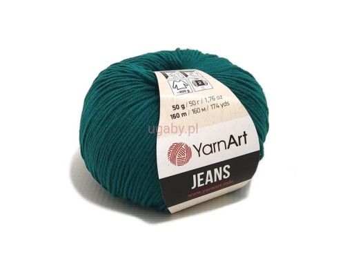 Włóczka YarnArt Jeans 63 kolor malachitowy, ciemnozielony motek bawełniano-akrylowy do eleganckich swetrów i zabawek typu amigurumi.