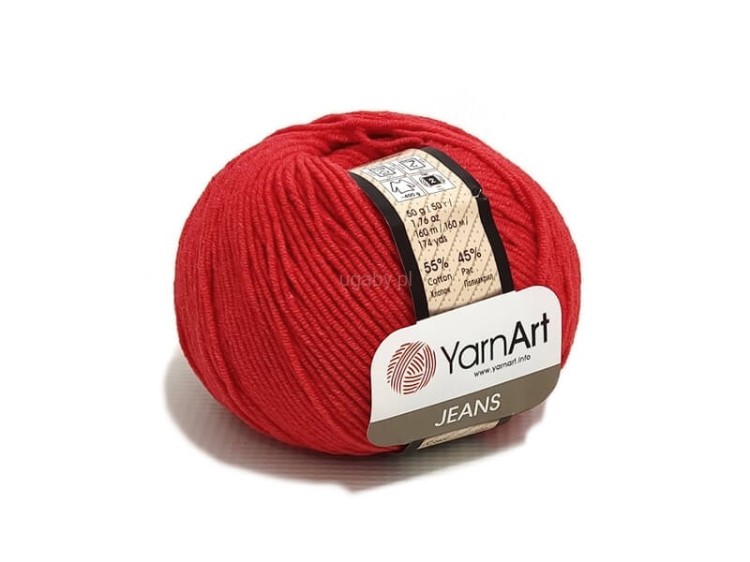 Włóczka YarnArt Jeans 26 kolor czerwony, soczysty motek bawełniano-akrylowy do maskotek amigurumi, serc i ubrań.