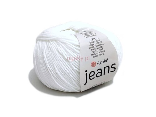 Włóczka YarnArt Jeans 62 kolor biały, czysty motek bawełniano-akrylowy do szydełkowania ubranek do chrztu i detali amigurumi.