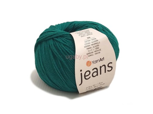 Motek włóczki YarnArt Jeans 63 w głębokim kolorze leśnej zieleni, matowa mieszanka bawełny z akrylem na eleganckie swetry i dekoracje.