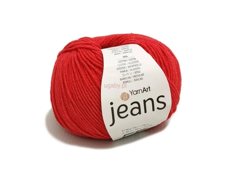 Intensywnie czerwona włóczka YarnArt Jeans 26, motek miękkiej mieszanki bawełny z akrylem do szydełkowania prezentów i dekoracji.