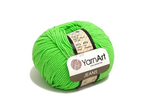 Włóczka YarnArt Jeans 60 kolor jaskrawozielony, motek neonowej zieleni bawełniano-akrylowej do radosnych maskotek i sportowych dodatków.