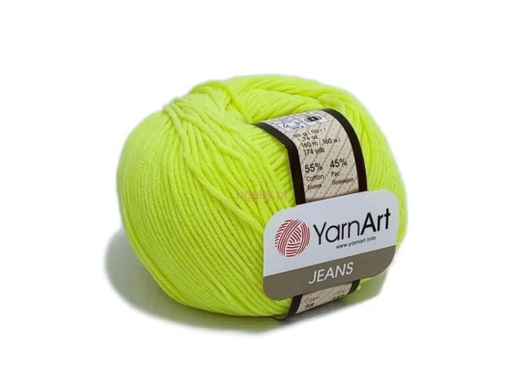 Włóczka YarnArt Jeans 58 w kolorze limonkowym, soczysty zielono-żółty motek bawełniano-akrylowy do szydełkowania owoców i ubrań.
