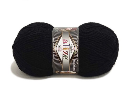 Klasyczna czarna włóczka Alize Superlana Midi kolor 60 – motek puszystej mieszanki wełny i akrylu.