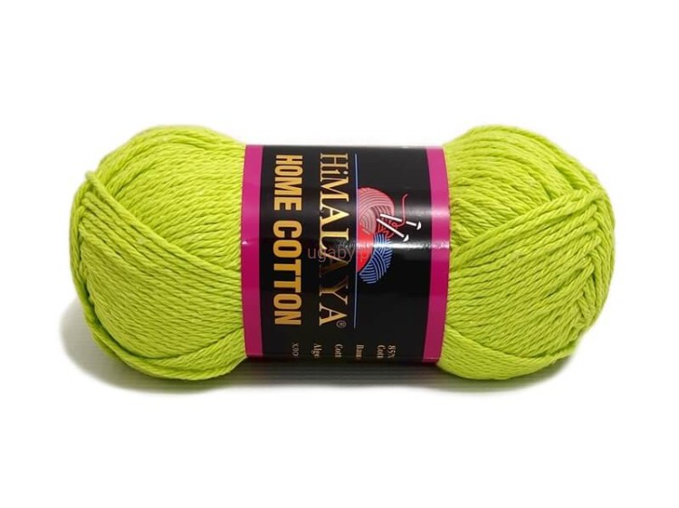 Limonkowy motek włóczki Himalaya Home Cotton 122-07 z czarno-fioletową banderolą na białym tle.
