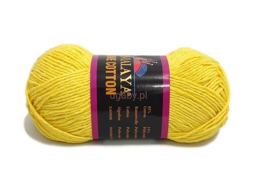 Żółty motek włóczki Himalaya Home Cotton 122-20 z czarno-fioletową etykietą na jasnym tle.