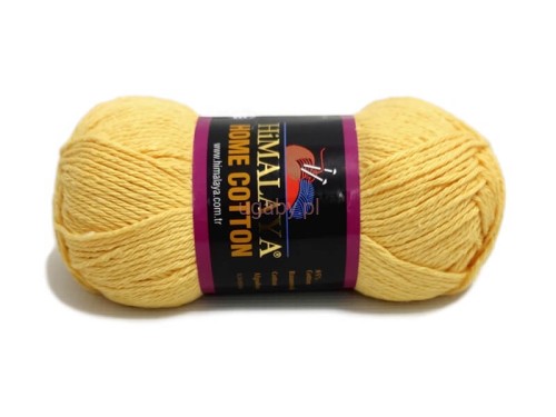 Żółty motek włóczki Himalaya Home Cotton 122-04 z czarno-fioletową banderolą na białym tle.