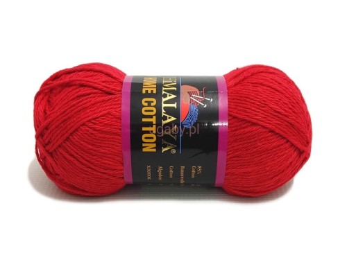 Czerwony motek włóczki Himalaya Home Cotton 122-07 z czarno-fioletową etykietą na jasnym tle.