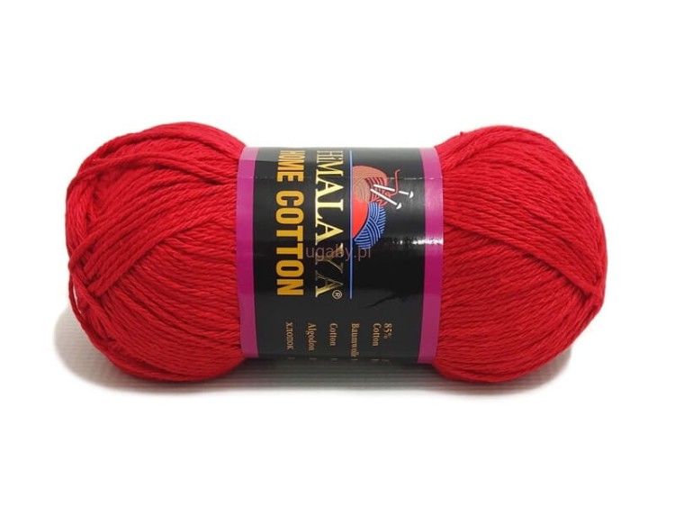 Czerwony motek włóczki Himalaya Home Cotton 122-07 z czarno-fioletową etykietą na jasnym tle.