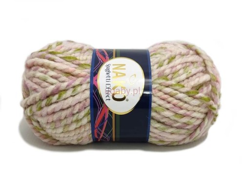 Gruby melanż włóczka Nako Spaghetti Effect kolor 75391 – kolorowa nitka z wełną o strukturze spaghetti (fioletowy, zielony, różowy).