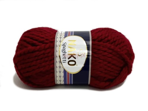 Gruba włóczka Nako Spaghetti kolor 3630 bordowy – puszysty motek ciemnoczerwonej wełny o rurkowatej strukturze na zimowe akcesoria.