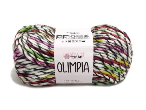 Multikolorowa włóczka YarnArt Olimpia 1401 – gruby melanż czerni, zieleni, fioletu, bieli i żółci o mozaikowym splocie.