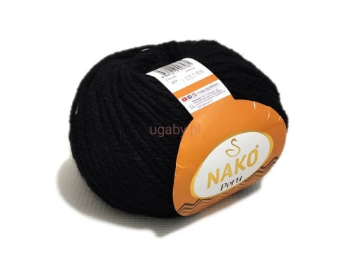 Czarna włóczka Nako Peru (nr 217) z alpaką i wełną, puszysty motek o głębokim, matowym odcieniu czerni.