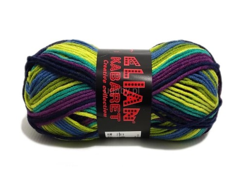 Motek wielokolorowej włóczki akrylowej Elian Kabaret o numerze 216. Widoczne pasma w kolorach niebieskim, zielonym, żółtym i pomarańczowym.