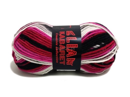 Motek włóczki akrylowej Elian Kabaret o numerze koloru 81214. Widoczne poziome pasma w kolorach: fuksja, czarny, szary i biały.
