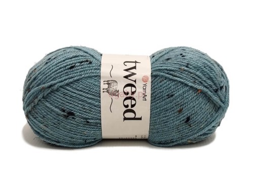 Jasnoniebieska włóczka Tweed nakrapiana kolorowymi kropkami, motek wełny z wiskozą i akrylem.