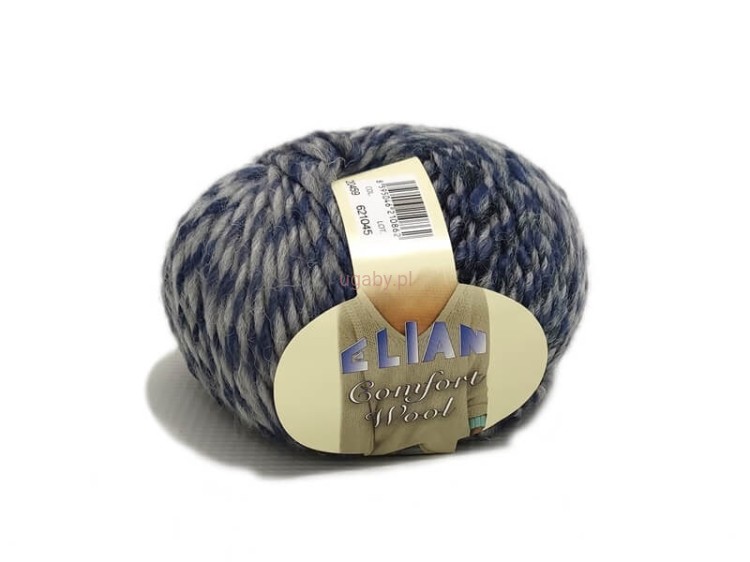 Włóczka Elian Comfort Wool 20459 – trójkolorowy melanż czerni, szarości i granatu, splot wełniano-akrylowy.