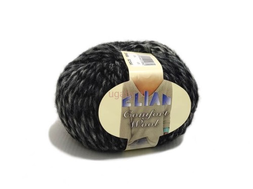 Włóczka Elian Comfort Wool nr 20458 – melanż czerni i szarości, zbliżenie na splot wełny z akrylem.