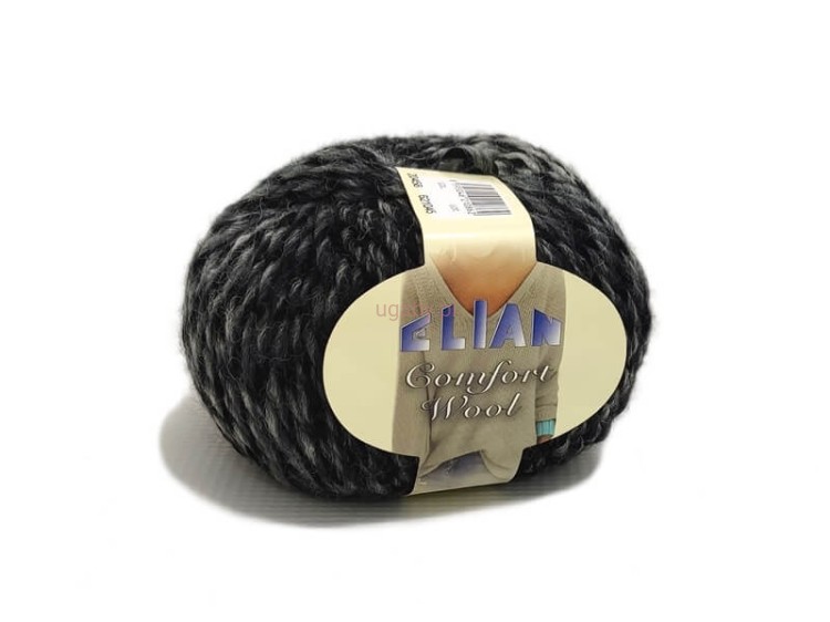 Włóczka Elian Comfort Wool nr 20458 – melanż czerni i szarości, zbliżenie na splot wełny z akrylem.