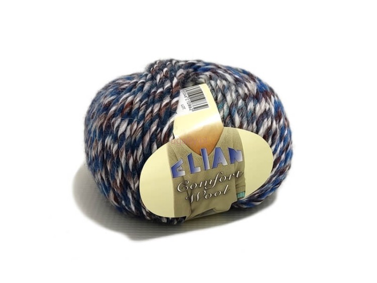 Włóczka Elian Comfort Wool 20462 – leśny melanż brązu, szarości i niebieskiego, splot wełniany z akrylem.